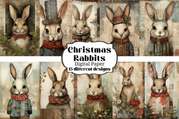 Christmas Bunny Junk Journal Backgrounds: 15 Whimsical Designs