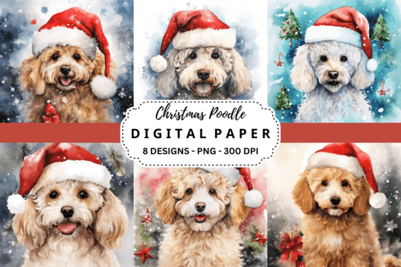 Watercolor Christmas Poodle Backgrounds for Festive Designs
