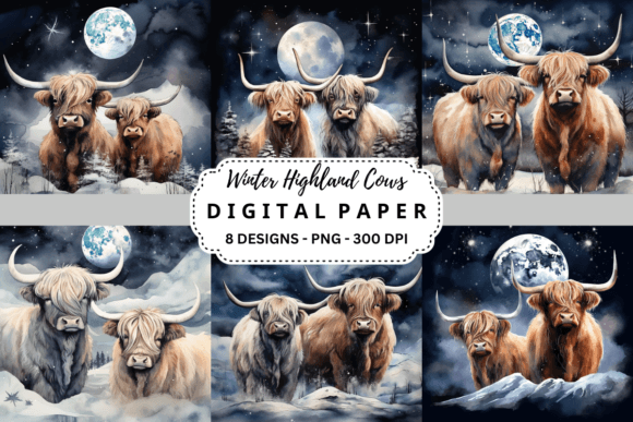 Winter Highland Cows Backgrounds: 8 Cozy Design Assets